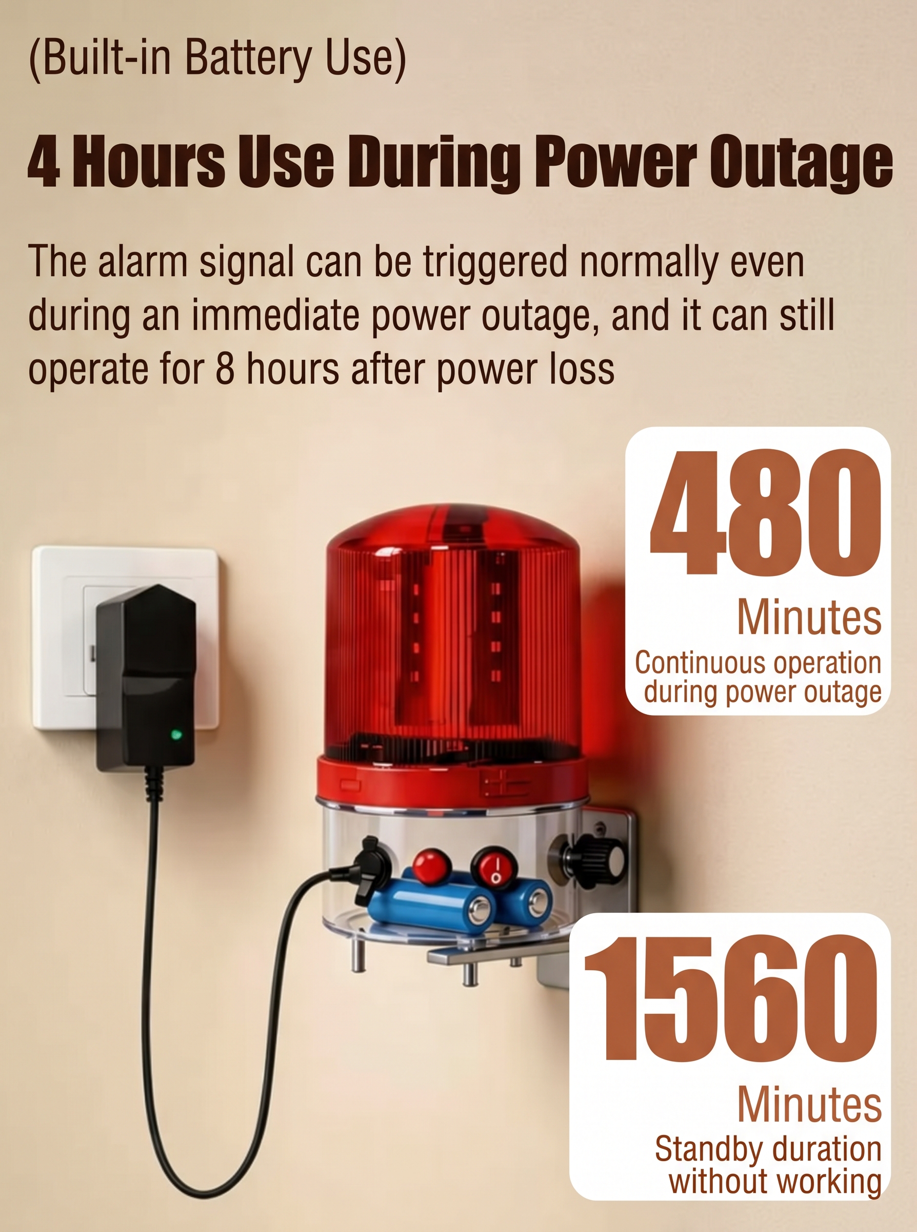 Lithium Battery Operational Specifications: 480 Minutes Alarm / 1,560 Minutes Standby