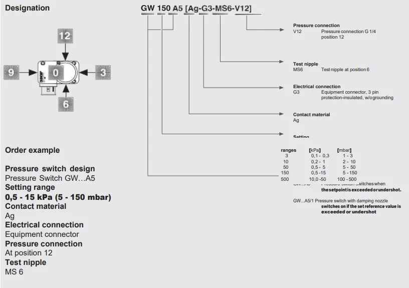 Dungs GW A5 Model Designation Breakdown and Engineering Order Configuration Guide