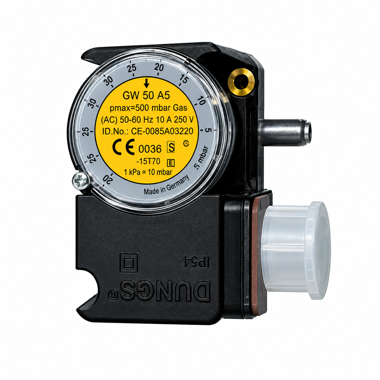 Karl Dungs GW 50 A5 Gas Pressure Switch - Isometric View with Pressure Port and Fastener Holes