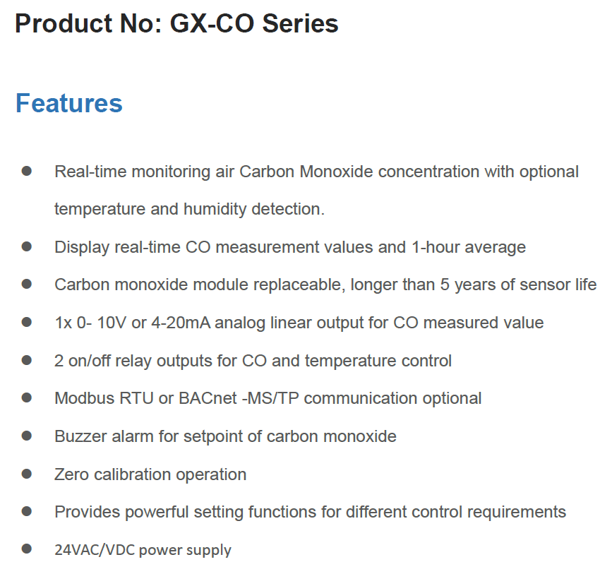 GX-CO Product Features - Real-Time CO Monitoring, Dual Display, Figaro Sensor, Outputs, and Power Supply